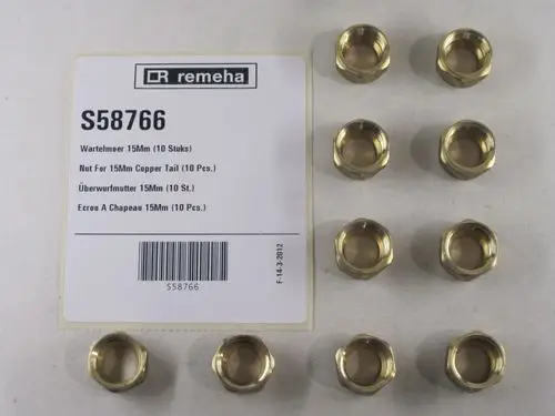 Brass nuts von Remeha, auf einem Hintergrund angeordnet, mit einer Produktkarte, die Informationen über Menge und Typ angibt.